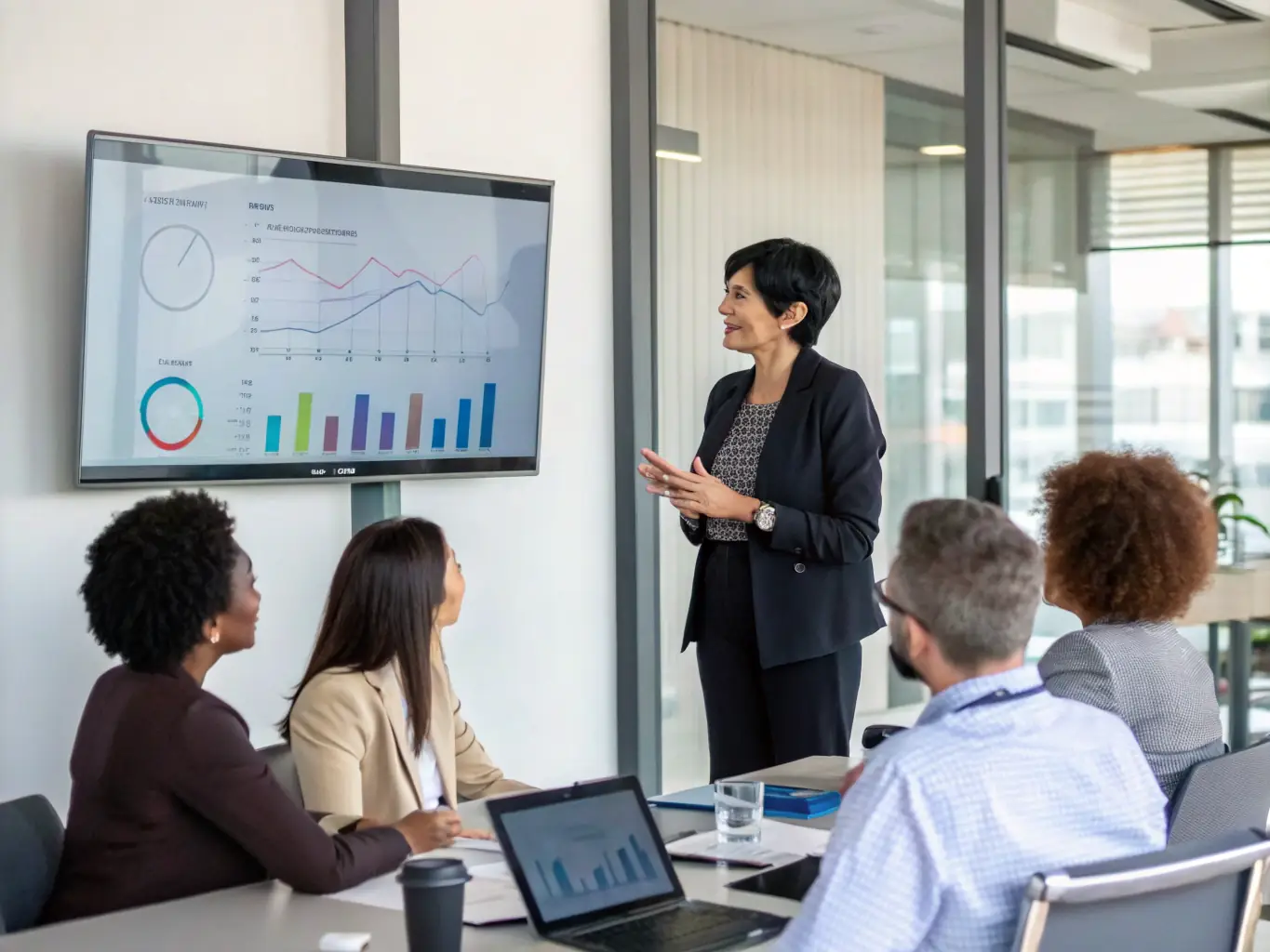 A woman confidently leading a team meeting, showcasing leadership and strategic decision-making.
