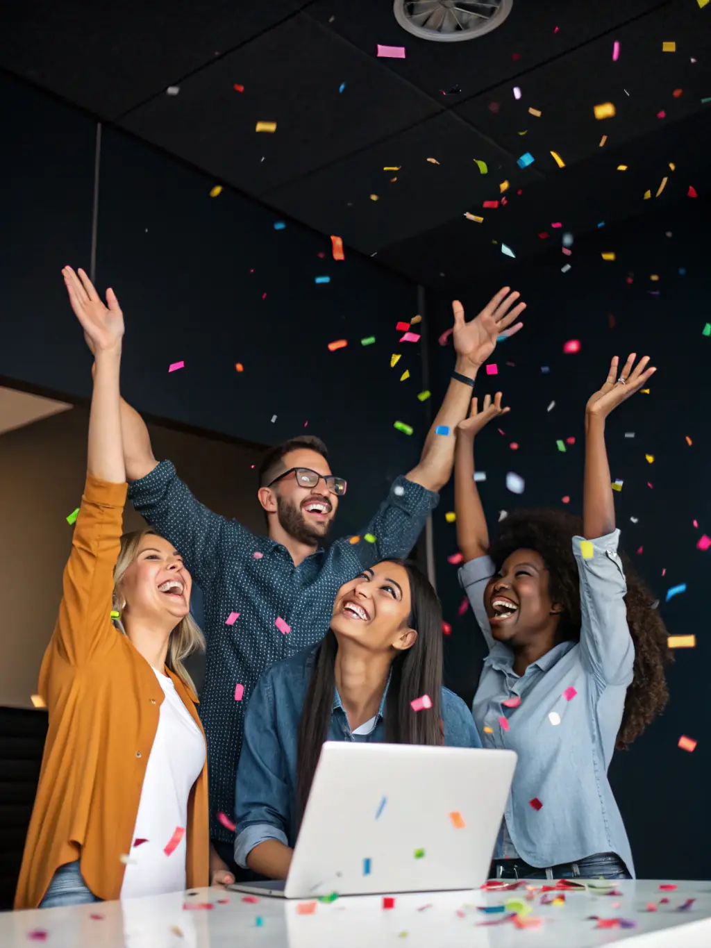 A woman entrepreneur successfully launching a new product, surrounded by her team and celebrating their achievement. The image should convey success and innovation.