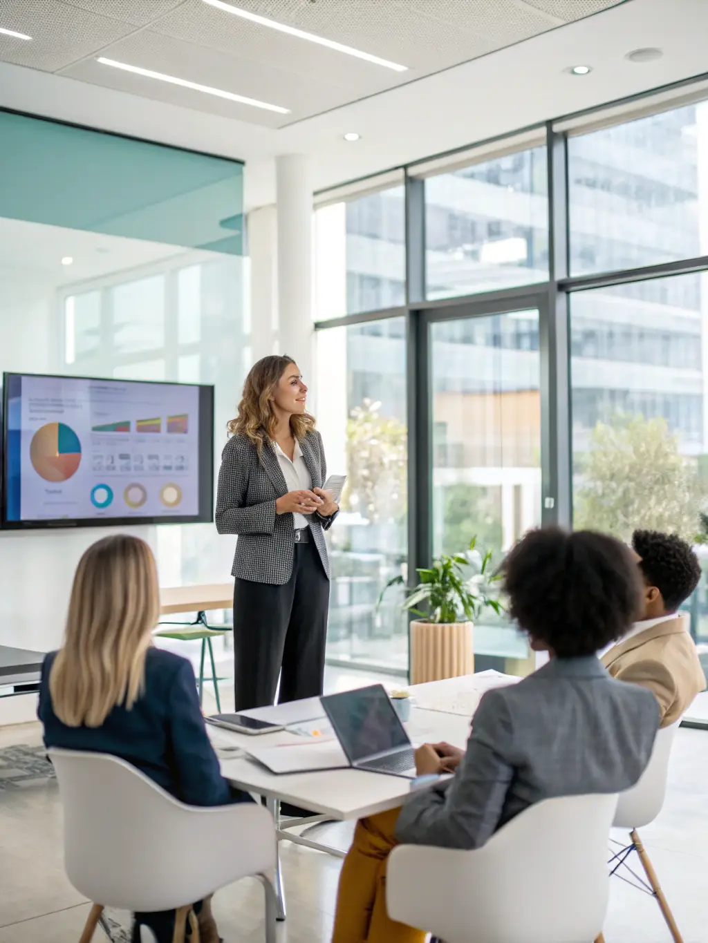 A sophisticated woman executive presenting a brand strategy to her team, showcasing a clear brand identity and positioning, reflecting brand guidance.
