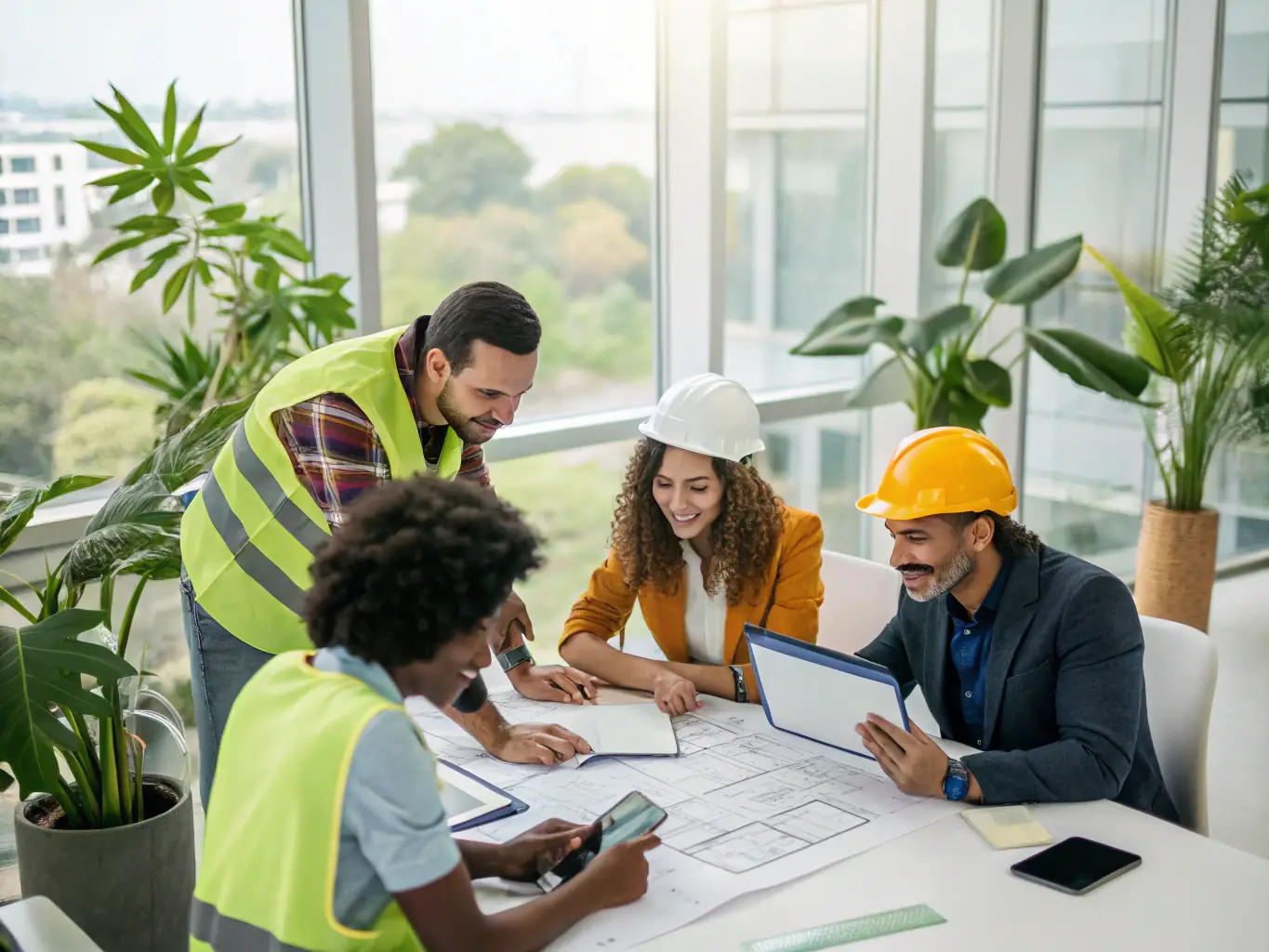 An image illustrating a diverse team of engineers collaborating on a sustainable engineering project, emphasizing the use of eco-friendly materials and innovative construction techniques.