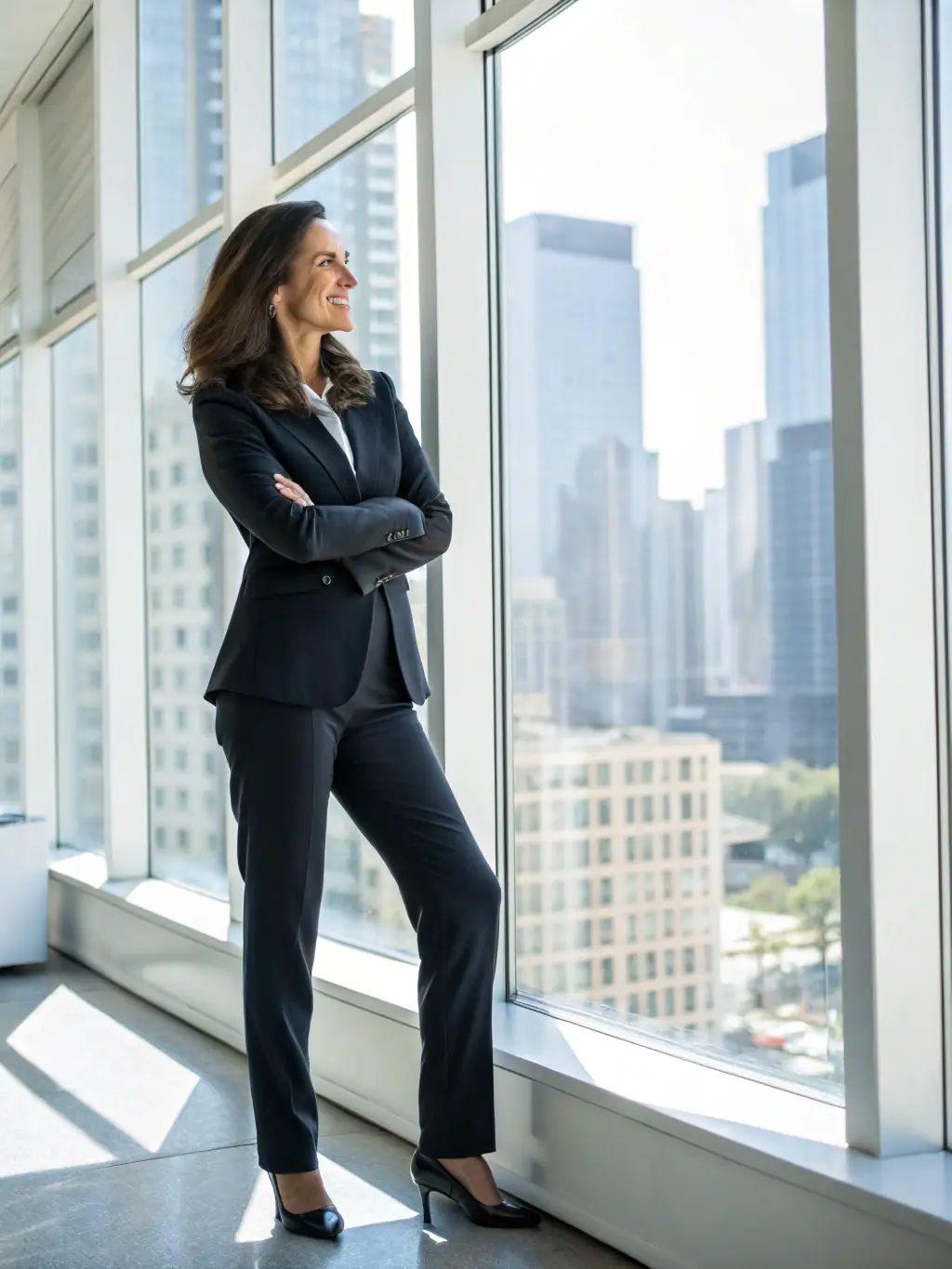 A photograph of a woman entrepreneur in a modern office setting, confidently presenting a business plan to a group of investors. The scene should convey professionalism and ambition.