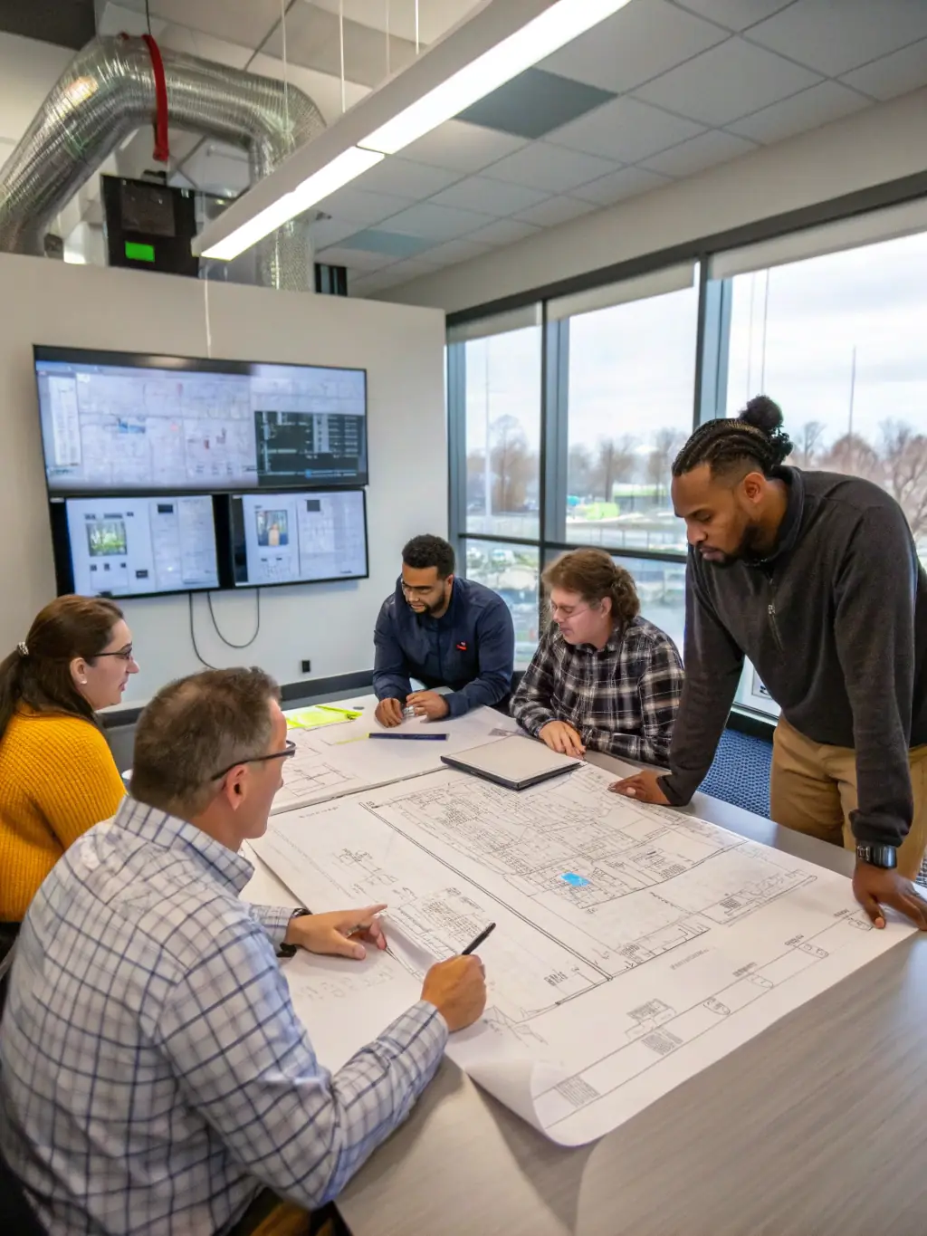A diverse team of engineers collaborating on a complex MEP design project, showcasing their expertise and attention to detail.
