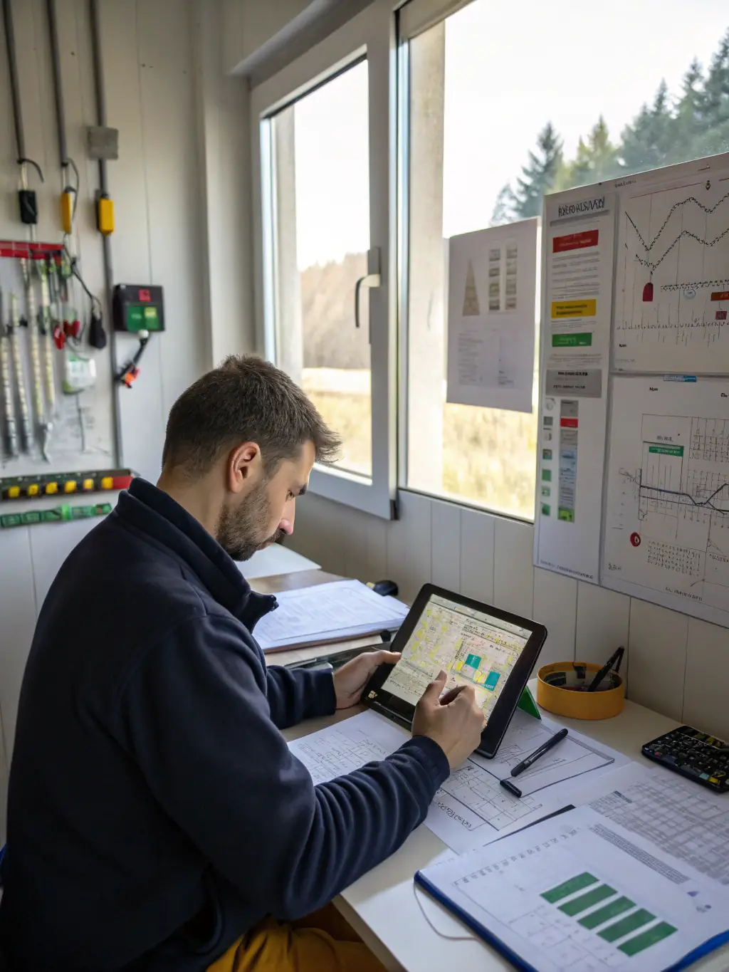 An engineer using IES-VE software to simulate energy performance in a building design, emphasizing sustainability and energy efficiency.