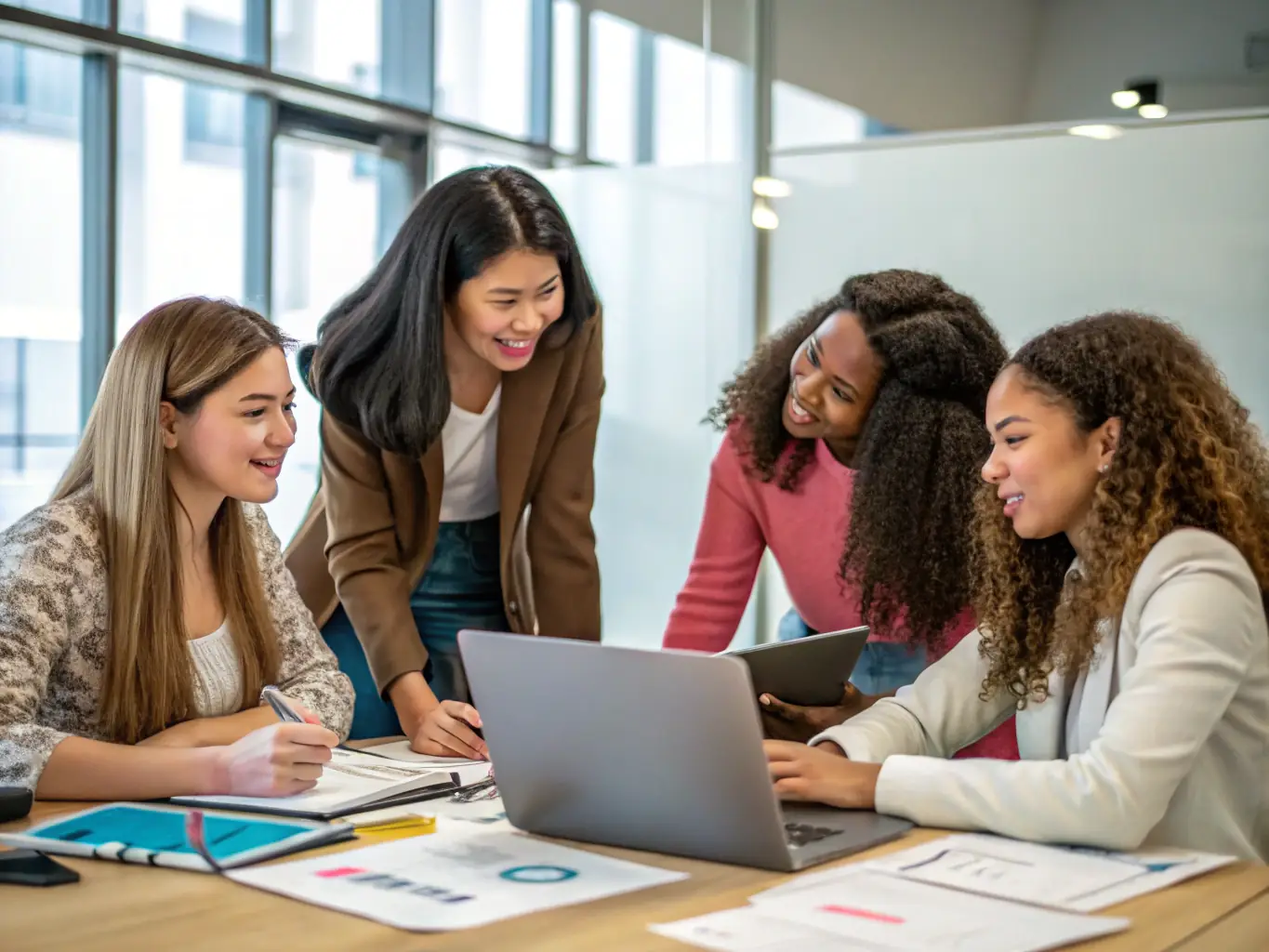 A diverse group of women collaborating on a project in a bright, modern co-working space, representing a supportive community.