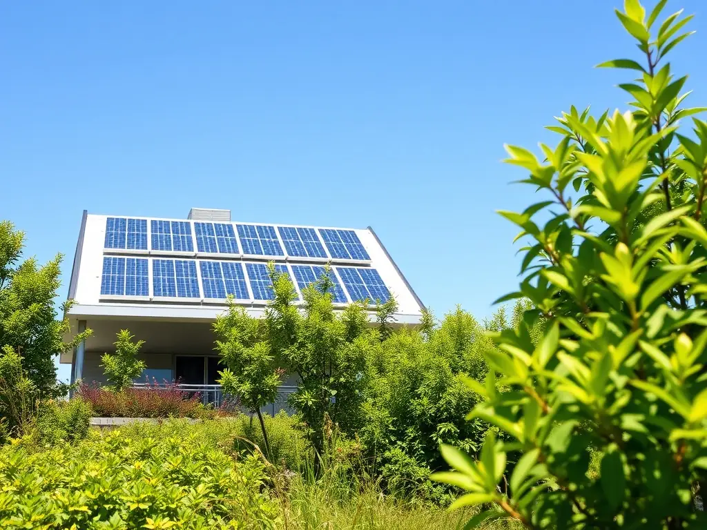 A detailed image showcasing a modern, energy-efficient building design with solar panels and green spaces, emphasizing sustainable architecture and renewable energy integration.