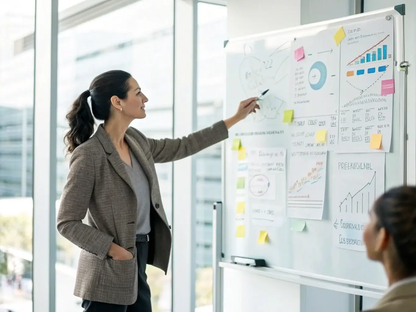A professional woman confidently presenting a business plan in a modern office setting, symbolizing strategic guidance and empowerment.