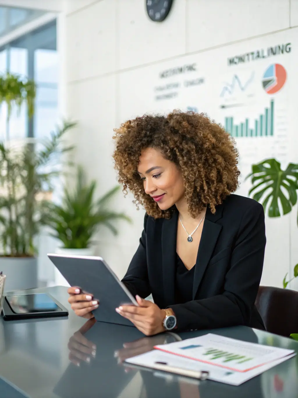 A determined woman entrepreneur in a modern office setting, reviewing a detailed business plan with a consultant, both smiling confidently, symbolizing strategic planning and empowerment.