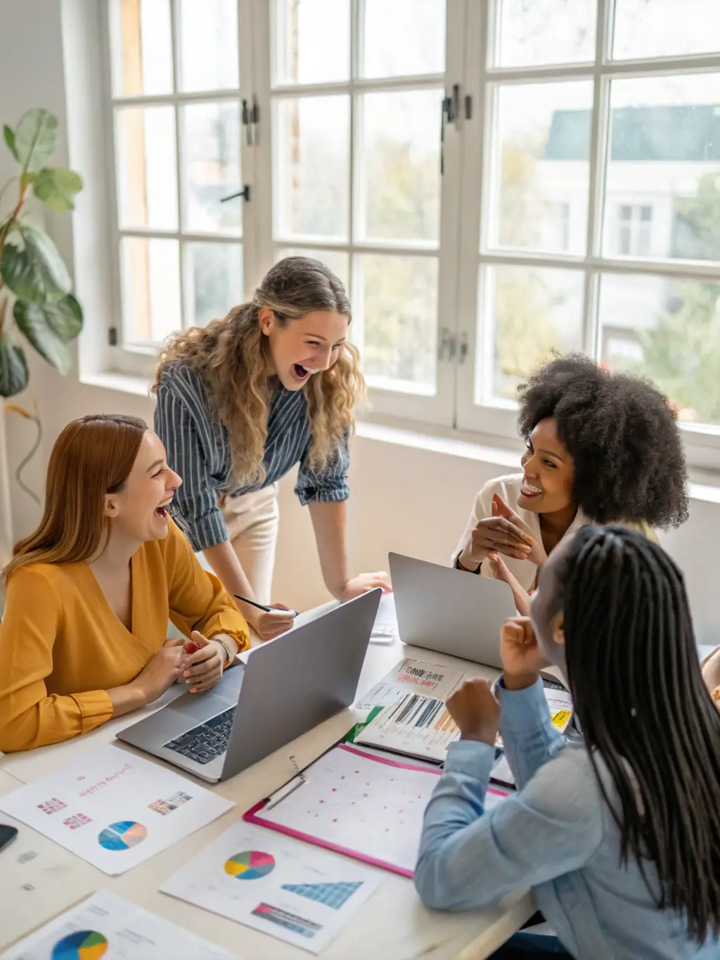 A vibrant startup team of women collaborating in a brightly lit co-working space, brainstorming ideas and developing innovative solutions, representing startup setup and market readiness.